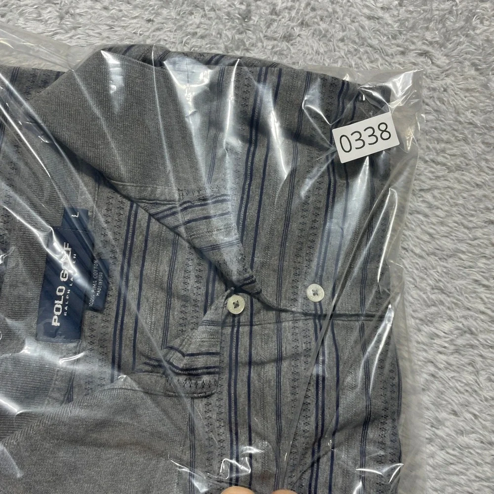 Polo Golf Ralph Lauren Mens Large Gray Blue Striped Pima Cotton Polo Shirt L